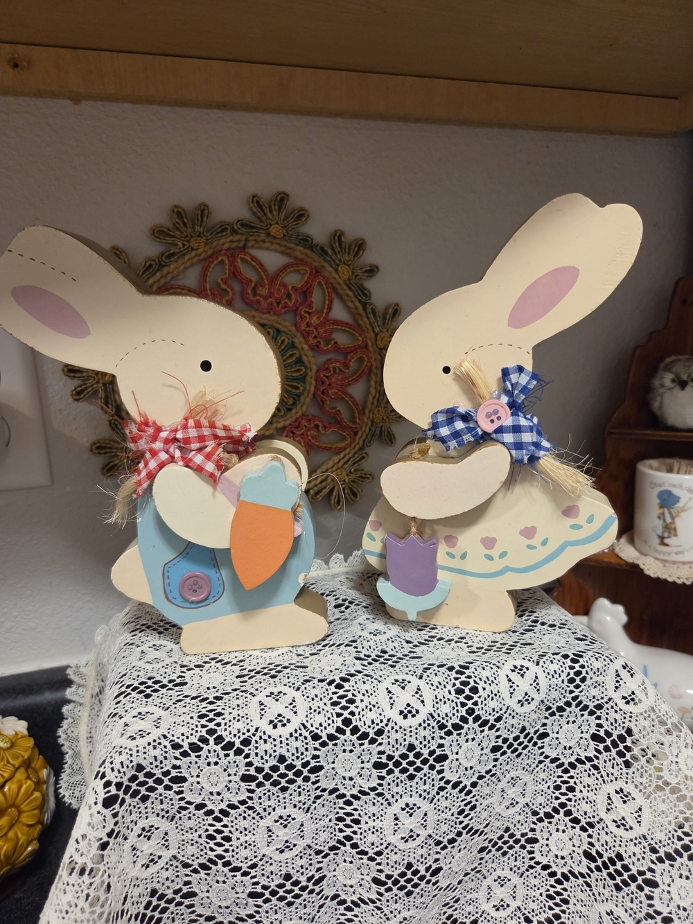 Hand-Painted Cream Wooden Bunny Pair with Blue, Orange & Pink Accents